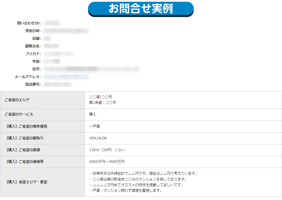 タウンライフでのお客様の入力フォーム画面