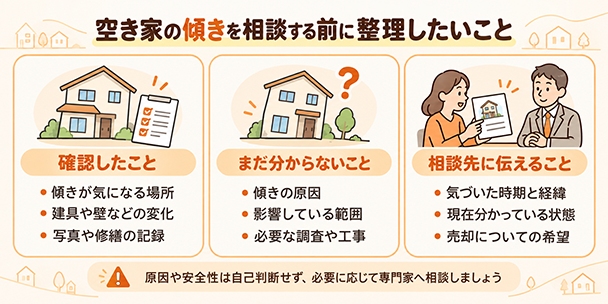空き家の傾きについて確認済みの内容と未確認の内容を整理する図