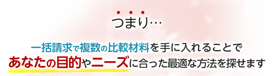 つまり、一括請求で複数の比較材料を手に入れることであなたの目的やニーズに合った最適な方法を探せます